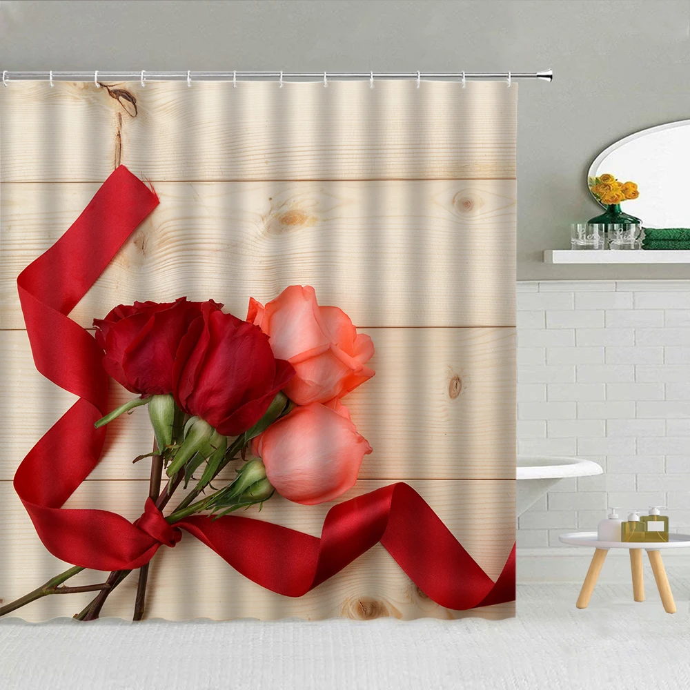 

Shower Curtain Set Beautiful Red Rose Waterproof Polyester Fabric Bathtub Decor High Quality Bath Screen With Hooks 3D Printing