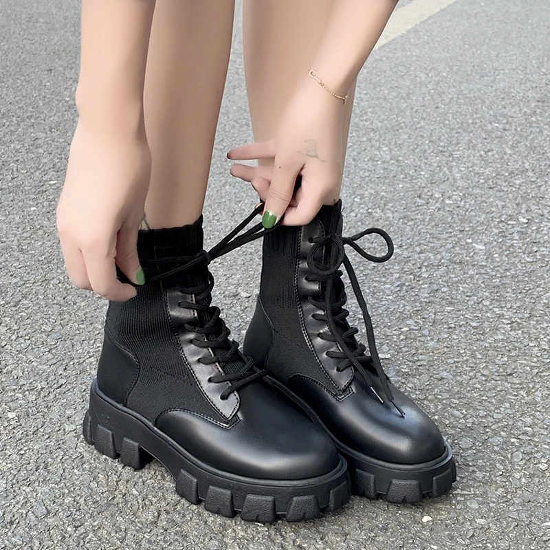 Boots Women Leather Lace-Up Gothic Black Sock Platform Fashion Ladies Shoes Ankle Botas Mujer | Обувь