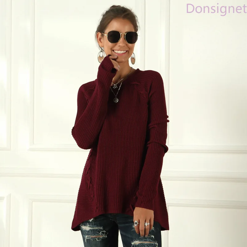 

Donsignet Women's Sweater Fashion Round Neck Pullover Solid Color Irregular Drawstring Knit Long Sleeves Sweater Womens clothing
