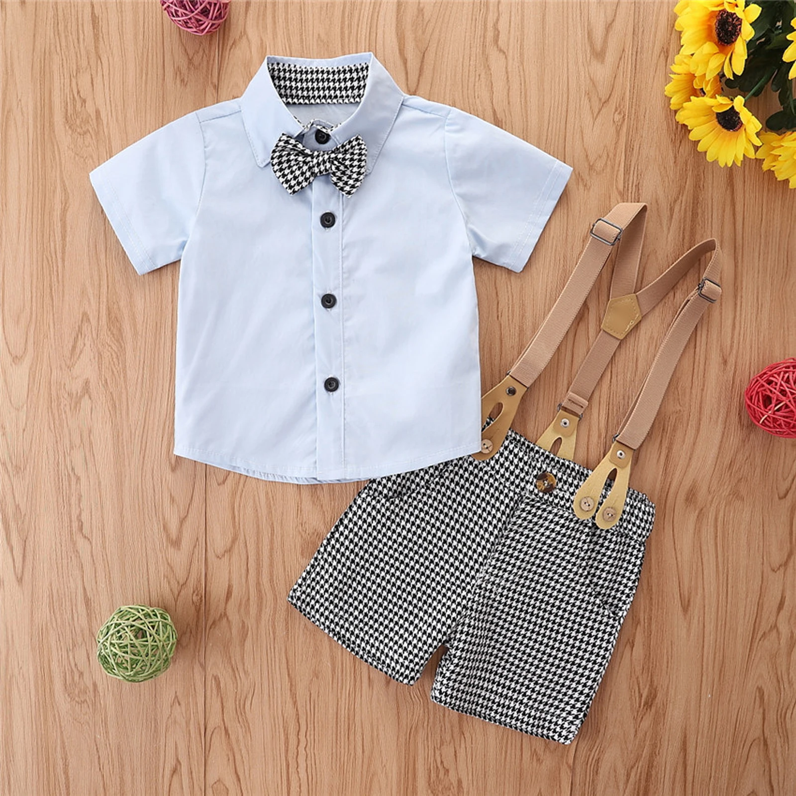 

2Pcs Baby Houndstooth Print Outfits Baby Boy Button Down Short Sleeve Lapel Bowknot Shirt + Suspender Pants With Pocket 12M-4T