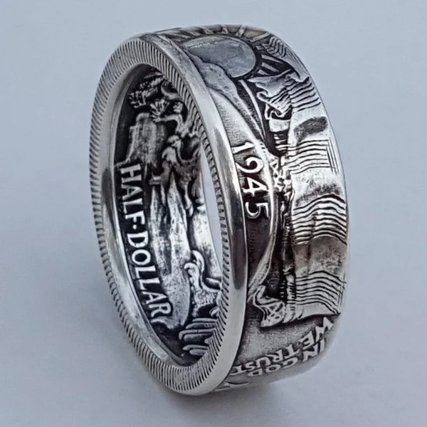 

Vintage 925 Sterling Silver Handmade Coin Rings for Men 1945 Carved The United State of American Commemorative Coin Men Rings