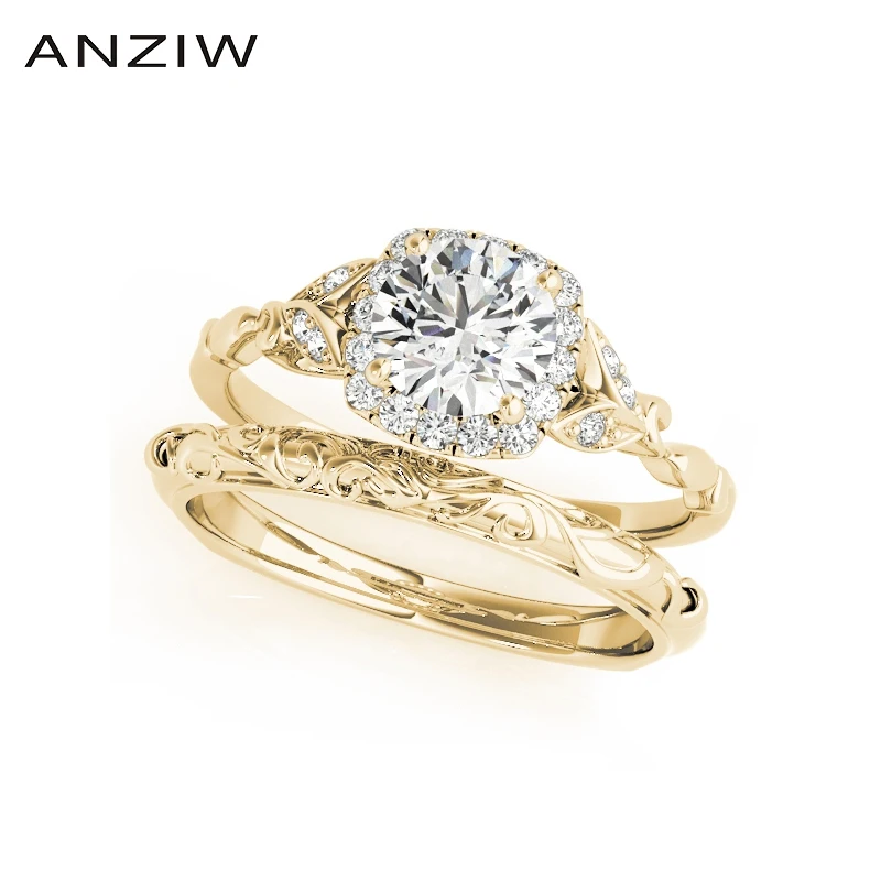 

ANZIW Luxury 925 Sterling Silver Yellow Gold Color Round Cut 0.5ct Wedding Rings Women Halo Silver Bridal Rings Party Jewelry