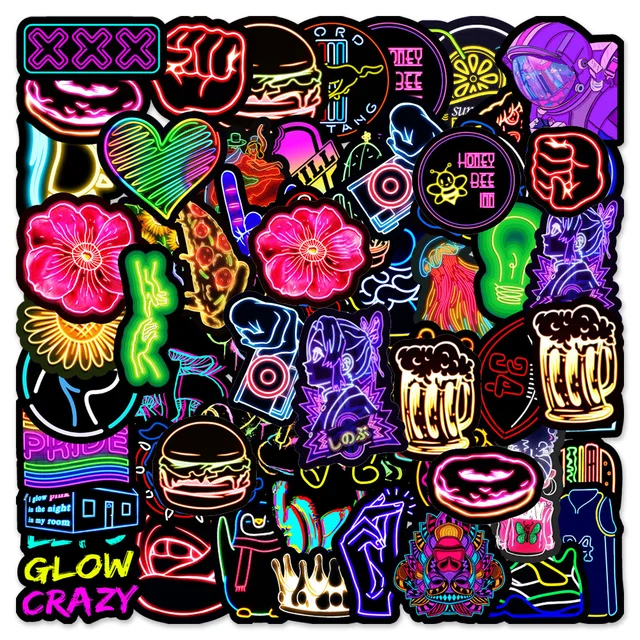 10/30/50pcs Cartoon Neon Light Stickers Cute Decals Graffiti DIY Motorcycle Phone Guitar Bike Laptop Guitar Car PVC Sticker Gift 1