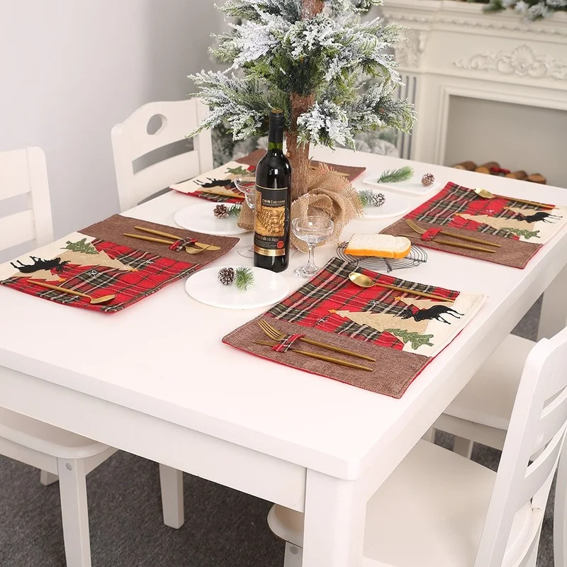 

Elk Tree Plaid Cloth Christmas Placemat Insulation Mat Embroidery Placemat Christmas Table Decoration