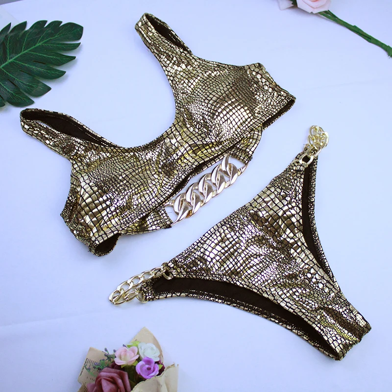 

Tengweng Sexy Bandeau Bikini Set Chain Swimsuit Female Gold Swimwear Women Snake Skin Print Summer Bathers Bathing Suit Biquini