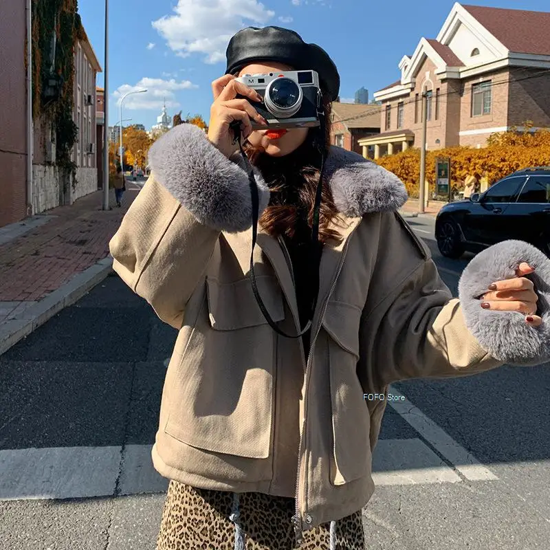 

2022 Winter Patchwork Fox Fur Short Parkas Women Korean Fashion Thick Warm Crop Jackets Ladies Elegant Zipper Cotton Coat