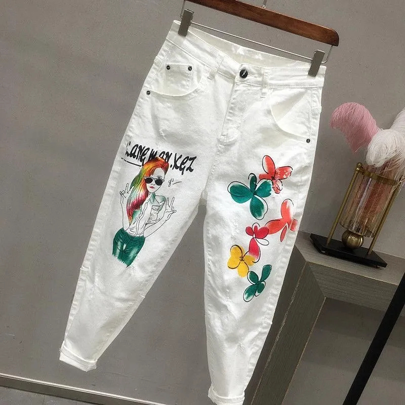 

plus Size Women White Denim Jeans Cartoon Graffiti Flowers Print Stretched Hallen Jeans Pencil Pants Autumn Skinny Jeans LU1271