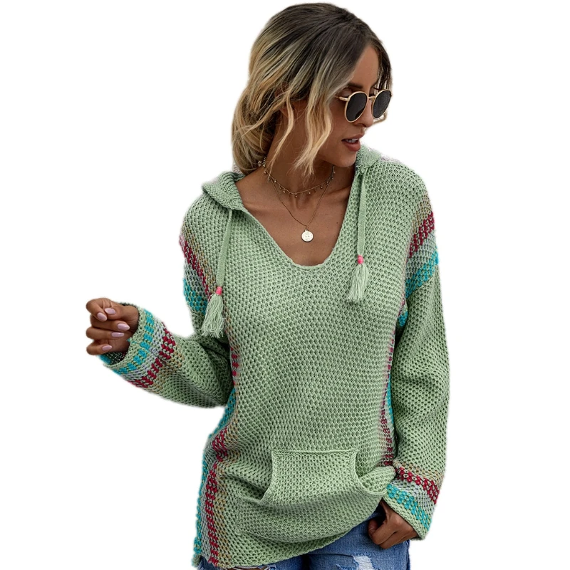 

Women Long Sleeve V-Neck Hoodies Colorblock Striped Knitted Sweater Sweatshirt