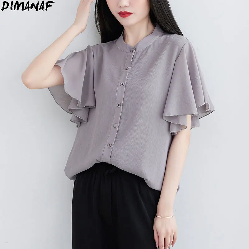 

Женская шифоновая блузка DIMANAF, однотонный топ с оборками и рукавами-фонариками, Повседневная Туника свободного кроя, рубашка 14 цветов, для л...