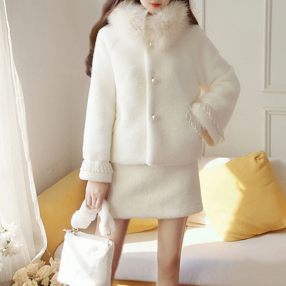 

New Sweet Lady Big Fur Collar Beaded Mink Hair Suit Autumn Winter Quilted Thicken Warm Chic Woolen Jacket Short + Skirt 2-piece