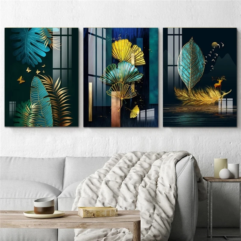 Картина на холсте с зелеными и золотыми листьями 3 панели