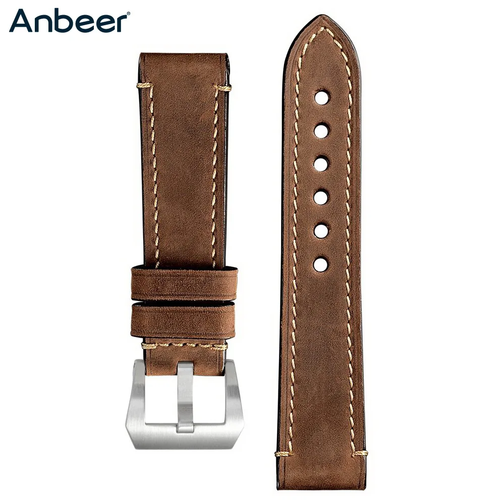 

Anbeer Vintage Watch Strap 18mm 20mm 22mm 24mm Saddle Style Genuine Crazy Horse Leather Watchband Bracelet Large Buckle