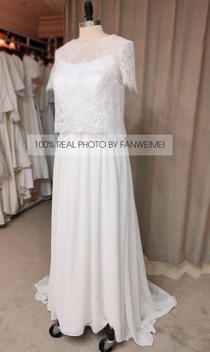 Two Piece Lace Short Sleeve New Spring Bridal Dress Bohemian Beach A Line Chiffon Wedding Gown Princess #6429