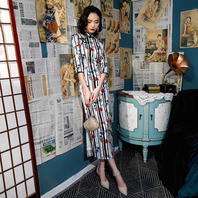 SHENG COCO осенне зимние новые платья Ципао с длинными рукавами винтажные длинные