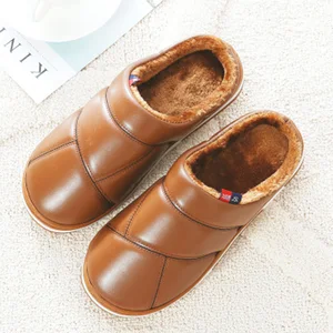 Зимние хлопковые тапочки из искусственной кожи; Мужская водонепроницаемая теплая обувь на толстой подошве; Мужская Нескользящая домашняя обувь; Модные шлепанцы для пар