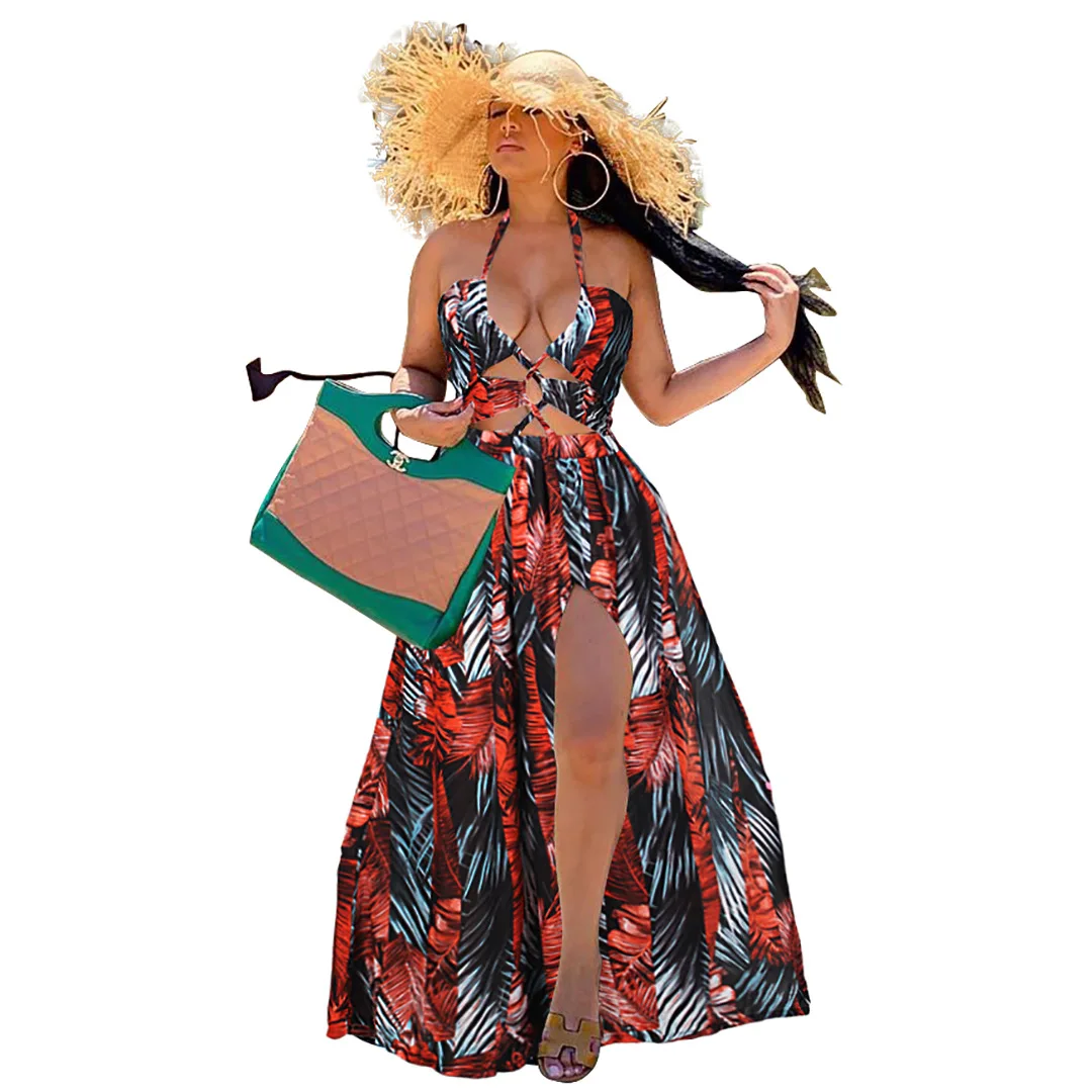 Выходное шифоновое платье макси с открытой спиной и лямкой на шее|Женские платья|