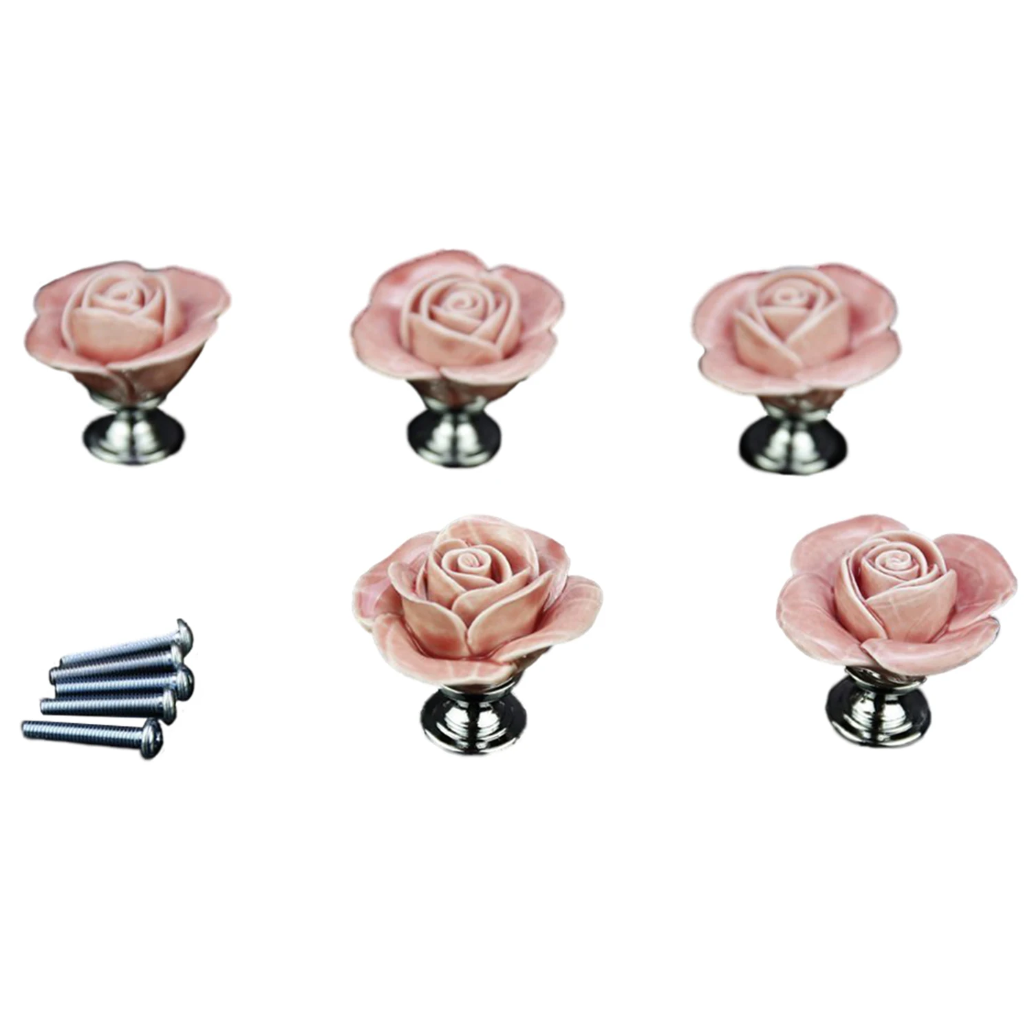 

5 X Pink Door Furniture Ceramic Handle Antique Button Screws Included Elegant Design Rose Shaped CNIM Hot