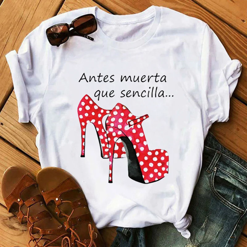 

Summer Women Tshirt Fashion High Heels Printed Short Sleeve Tops Casual T-Shirts Women's Clothing Female Vogue Shirts
