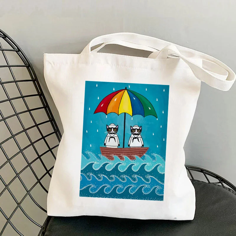 

Shopper French Press Coffee Cats A Rainy Day at Sea Tote Bag women Harajuku shopper handbag girl shopping bag Lady Canvas Bag