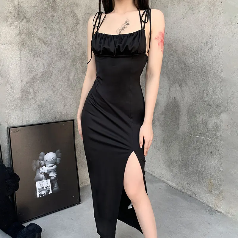 

Cozok Spaghetti Strap Sexy Black Dress Goth Bodycon High Waist Slit Dress Women High Street Backless Party Club Wear Dresses