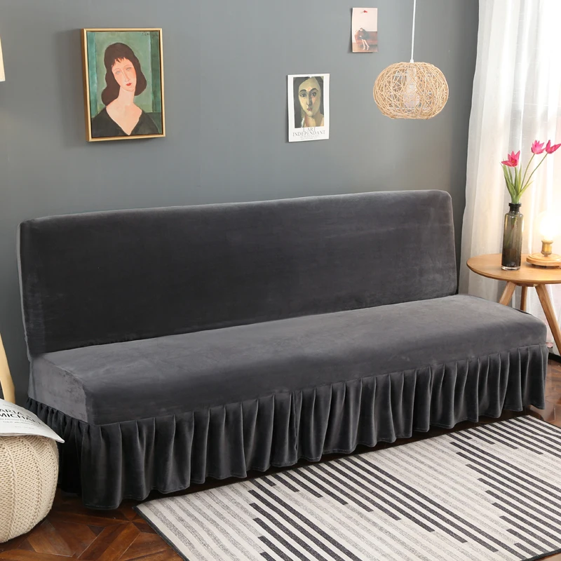 

Velvet Solid black Thicken Skirt Sofa Bed Cover Elastic Armless Stretch Elastic Sofa Cover Removable Sofa Covers for Living Room