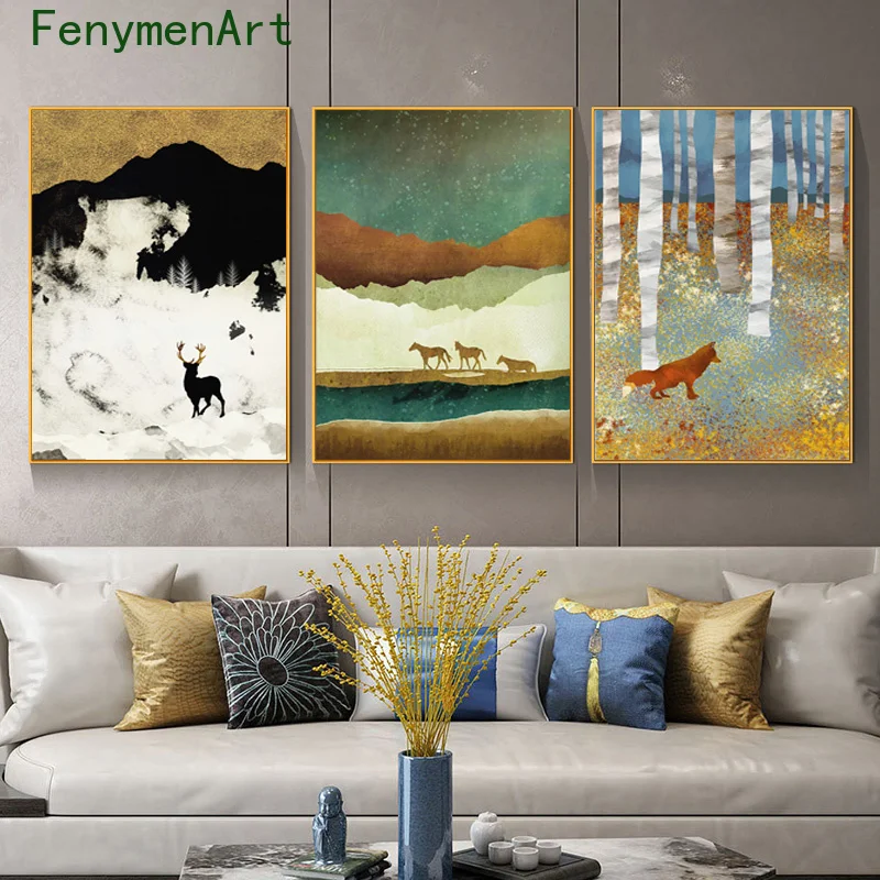 

Nordic Animal Canvas Painting Color Fox Horse Elk Forest Landscape Wall Art Modern Poster Print Abstract Picture Room Home Decor