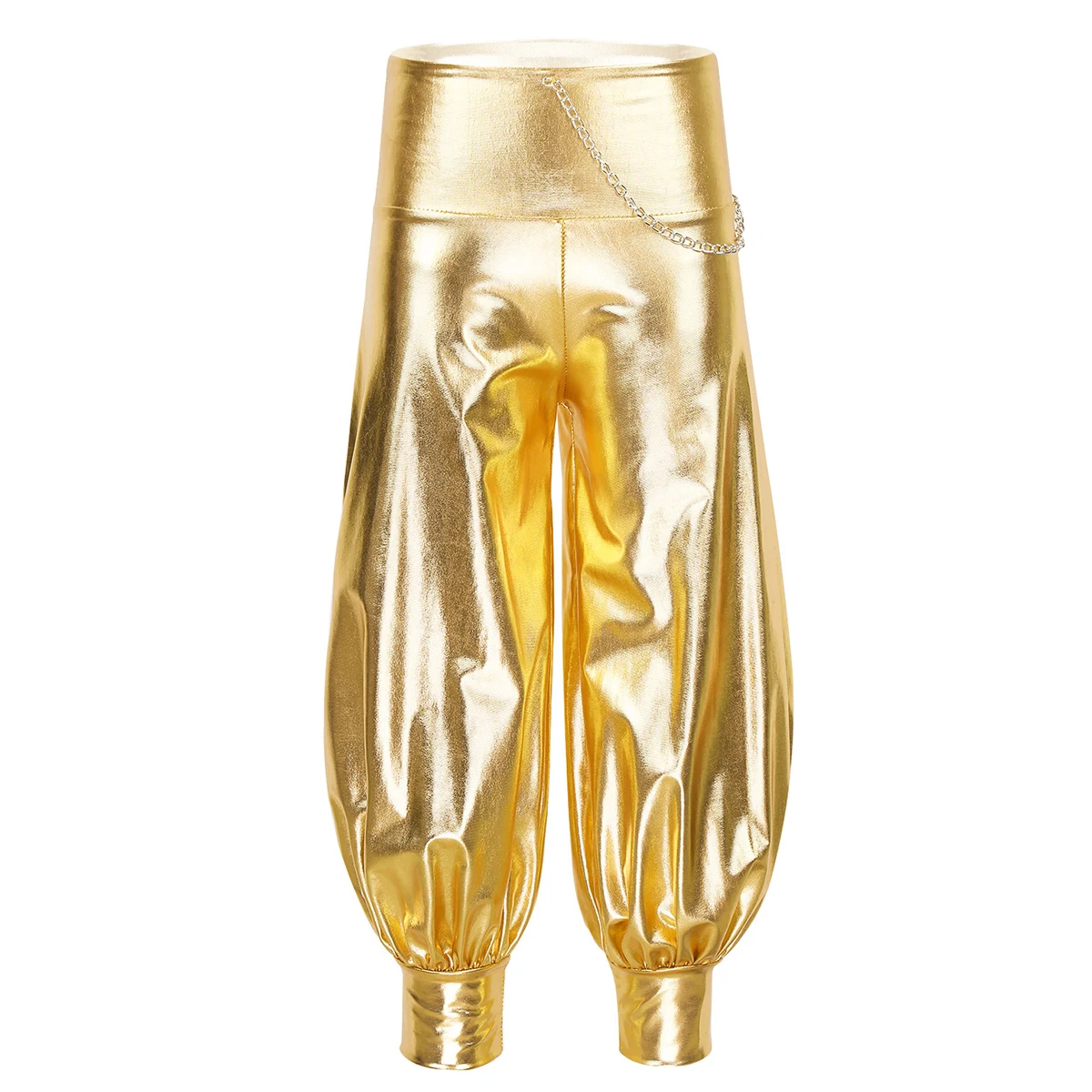 Детские блестящие металлические эластичные штаны шаровары с высокой талией и