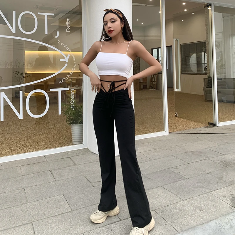 

Women's Leggings Yoga Pants Lace Up Waist Black Gym Elastic Workout Lounge Causal Trousers Female Fitness Seamless Clothing 2021