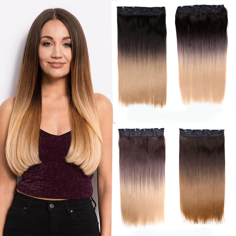 

Ombre Clip On Hair Extensions Natural Hair Fake Hairpieces 5 Clip In Hair Extension Long Straight Synthetic Hair Patch For Women