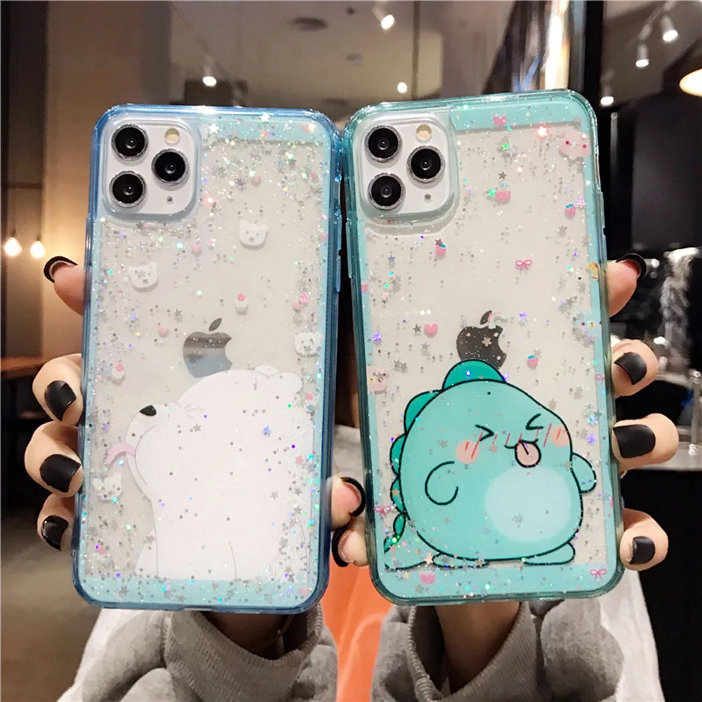 

Cartoon Baby Dinosaur Phone Case Cute Back Cover for Iphone 11 Pro Max XS Max XR X Cases Glitter Clear for Iphone 7 8 6 6S Plus