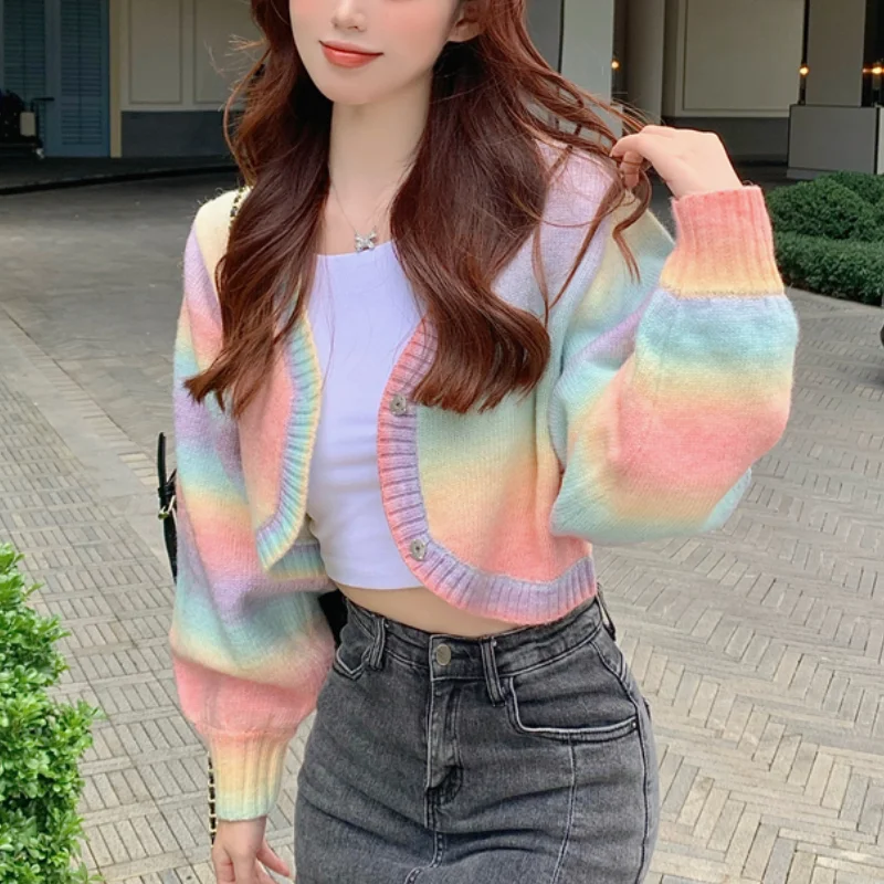 

Autumn Rainbow Sweet Knitted Sweater Ladies Colorful Loose Korean Style Cashmere Sweater Warm Kawaii Button-down Cardigan 2021