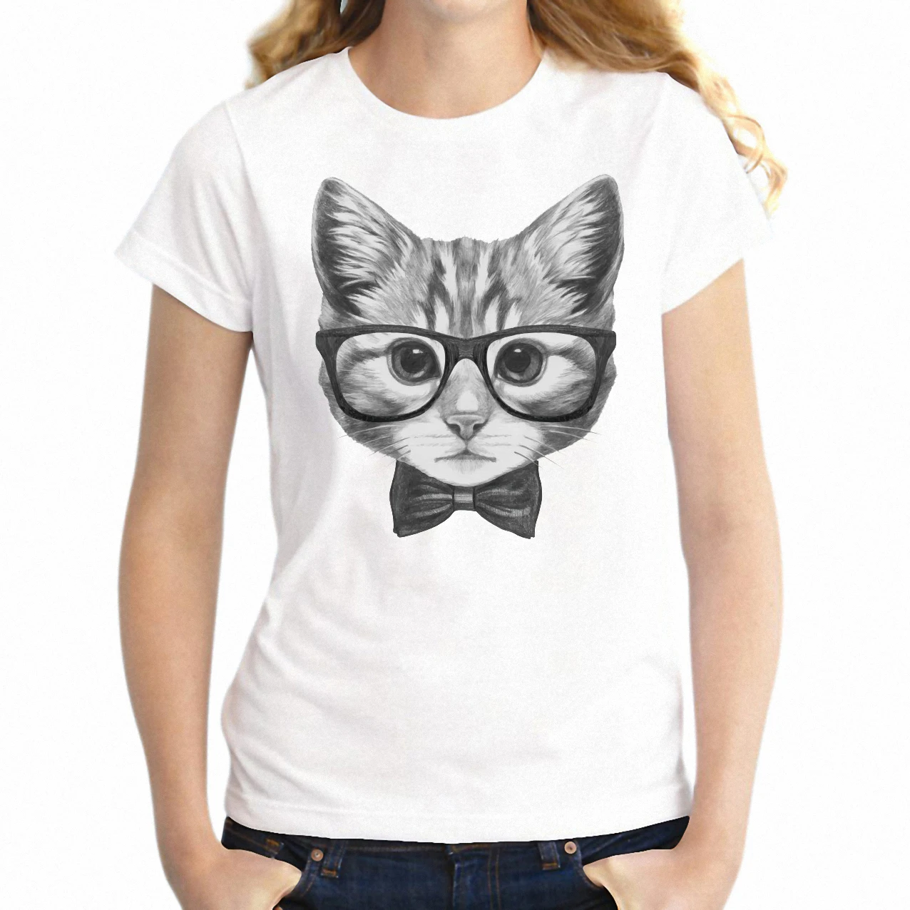 Модная женская футболка с короткими рукавами рисунком кота черная и белая