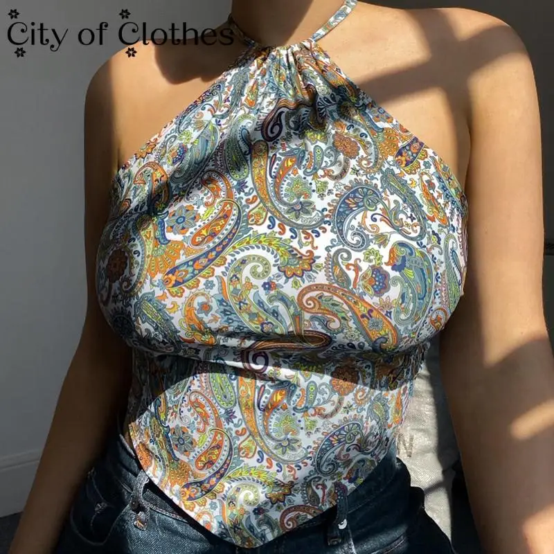 

2021 Bohemian Lace Halter Sleeveless Camisole Crop Top Print Criss Backless Sexy Fashion Summer Cropped Top Women New Streetwear
