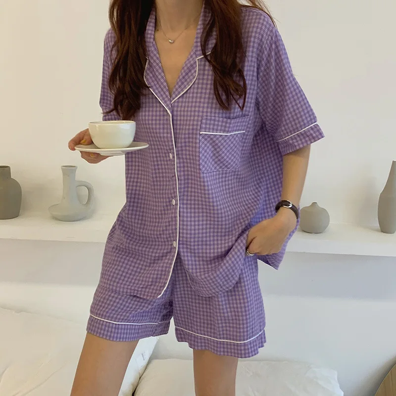 Пижамный комплект летняя рубашка в клетку Корейском стиле шорты с коротким