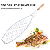 fish grilling basket portable stainless steel non stick bbq mesh clip with wooden handle for outdoor picnic camping