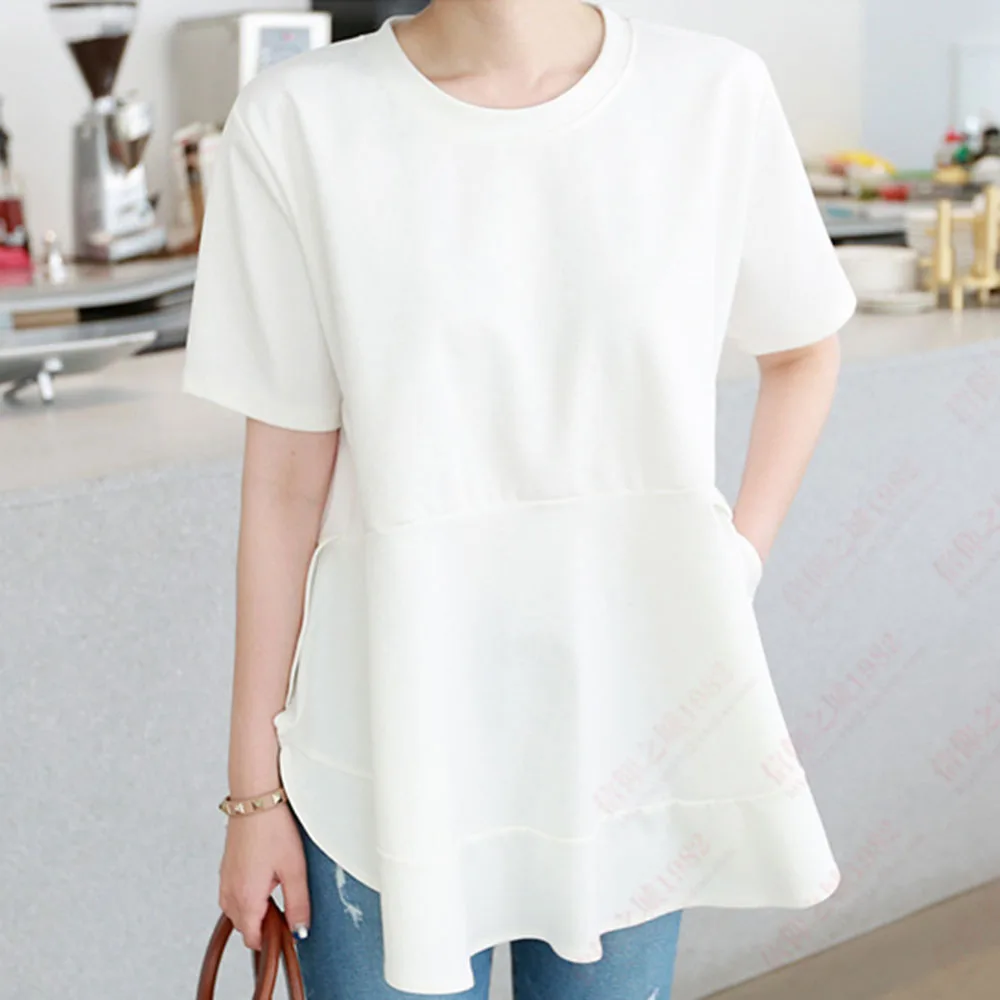 Женская футболка с круглым вырезом Однотонная синяя разрезом модель 2020 в