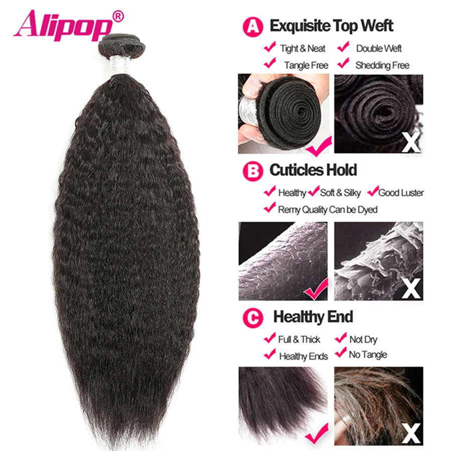 Кудрявые прямые волосы с закрытием перуанские человеческие 3 пучка Alipop Remy