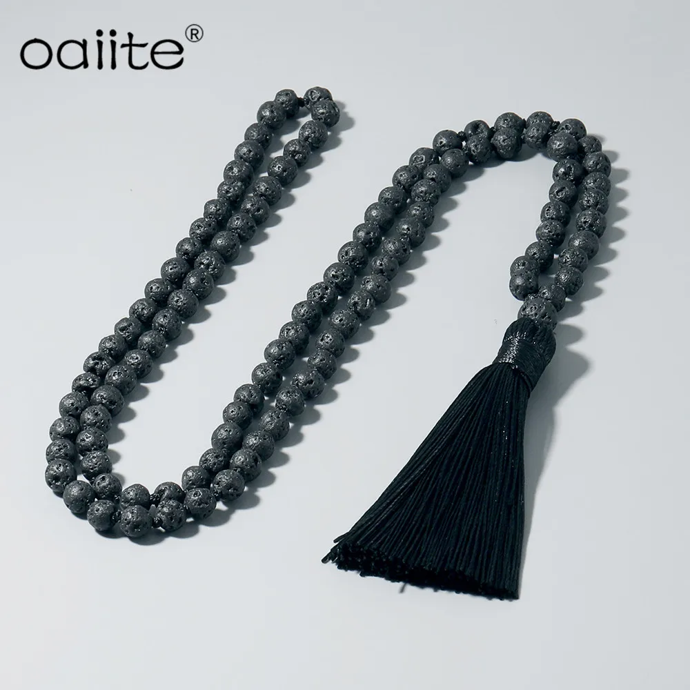 

OAIITE Health Mala Necklace 6mm Black Lava Volcanic Rock Stones Meditation Hand Knotted Japa Mala Beaded Tassel Necklace