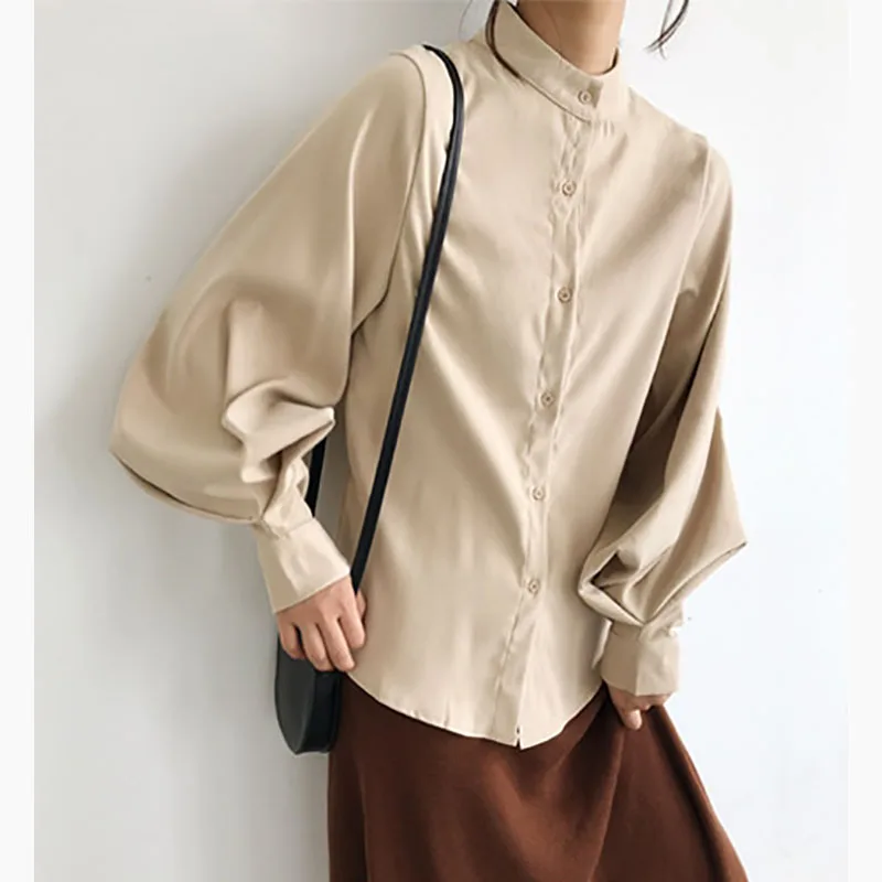 

Vintage Lantern Sleeve Chinese Blouse Women Autumn Winter Loose Single Breasted Women Shirt Thicken Blouses Shirts Tops Woman