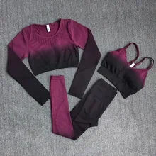 Conjunto deportivo sin costuras para mujer, ropa deportiva de entrenamiento, Top corto de manga larga, Leggings de cintura alta, 3 piezas (2)