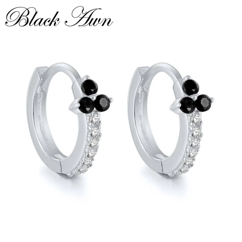 

Black Awn New Classic 925 Sterling Silver Round Black Trendy Spinel Engagement Hoop Earrings for Women Fine Jewelry Bijoux I166