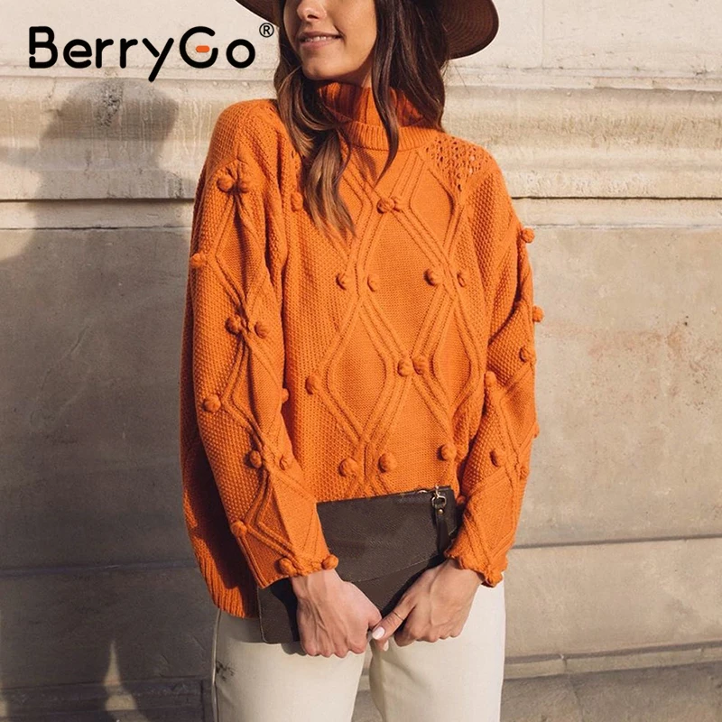 BerryGo Turtleneck pure woman sweater knitted pullovers Long sleeve loose vintage Autumn white jumper knitwear female | Женская одежда