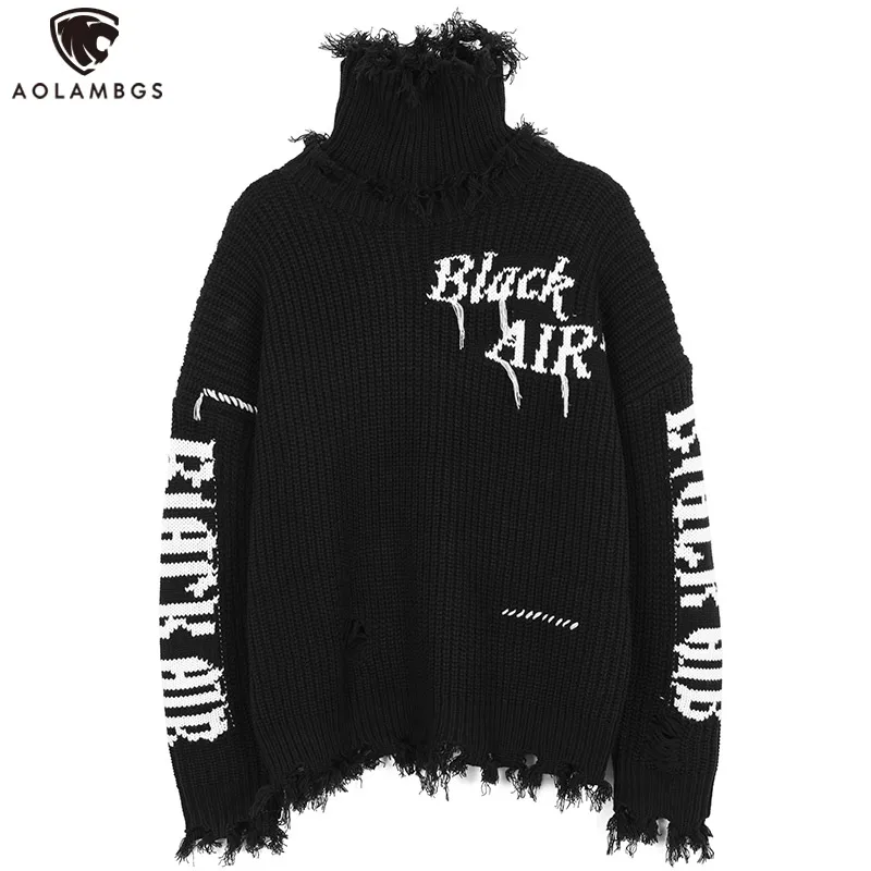 

Aolamegs Men Letter Knitted Tassel Black Turtleneck Sweater For Winter Warm Oversize Cozy Hip Hop High Street Punk Cool Pullover