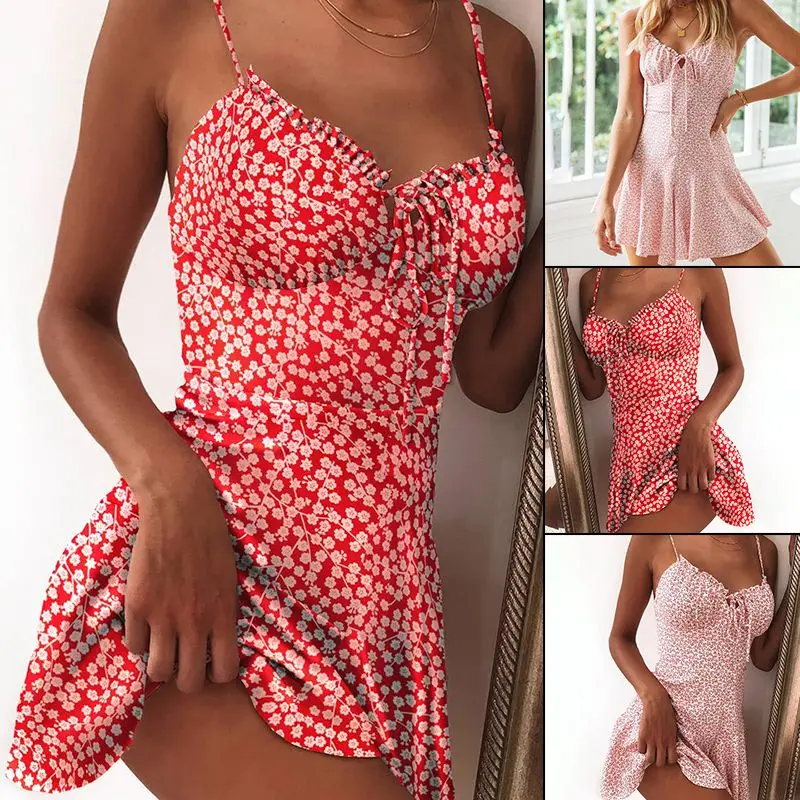 

New 2020 Women Holiday Flower Print Pleated Sling Dress Female Spaghetti Strap Vestidos Chic Casual Summer Slip Dresses