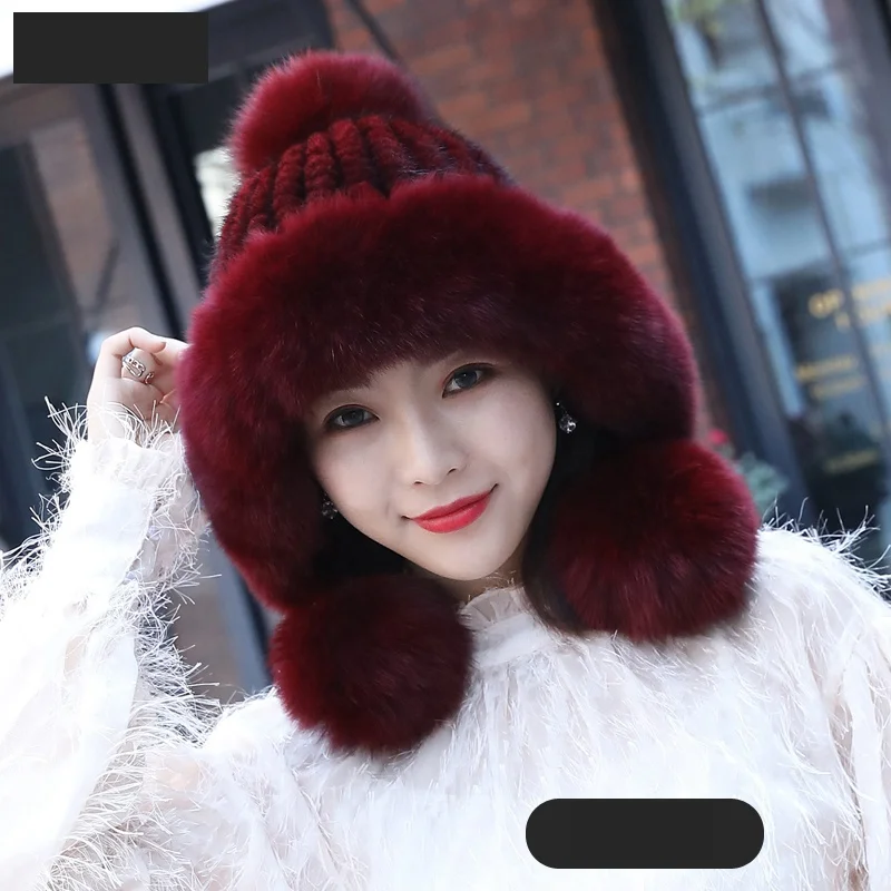 Натуральная вязаная шапка-бомбер из меха норки зимние теплые шапки лисьего