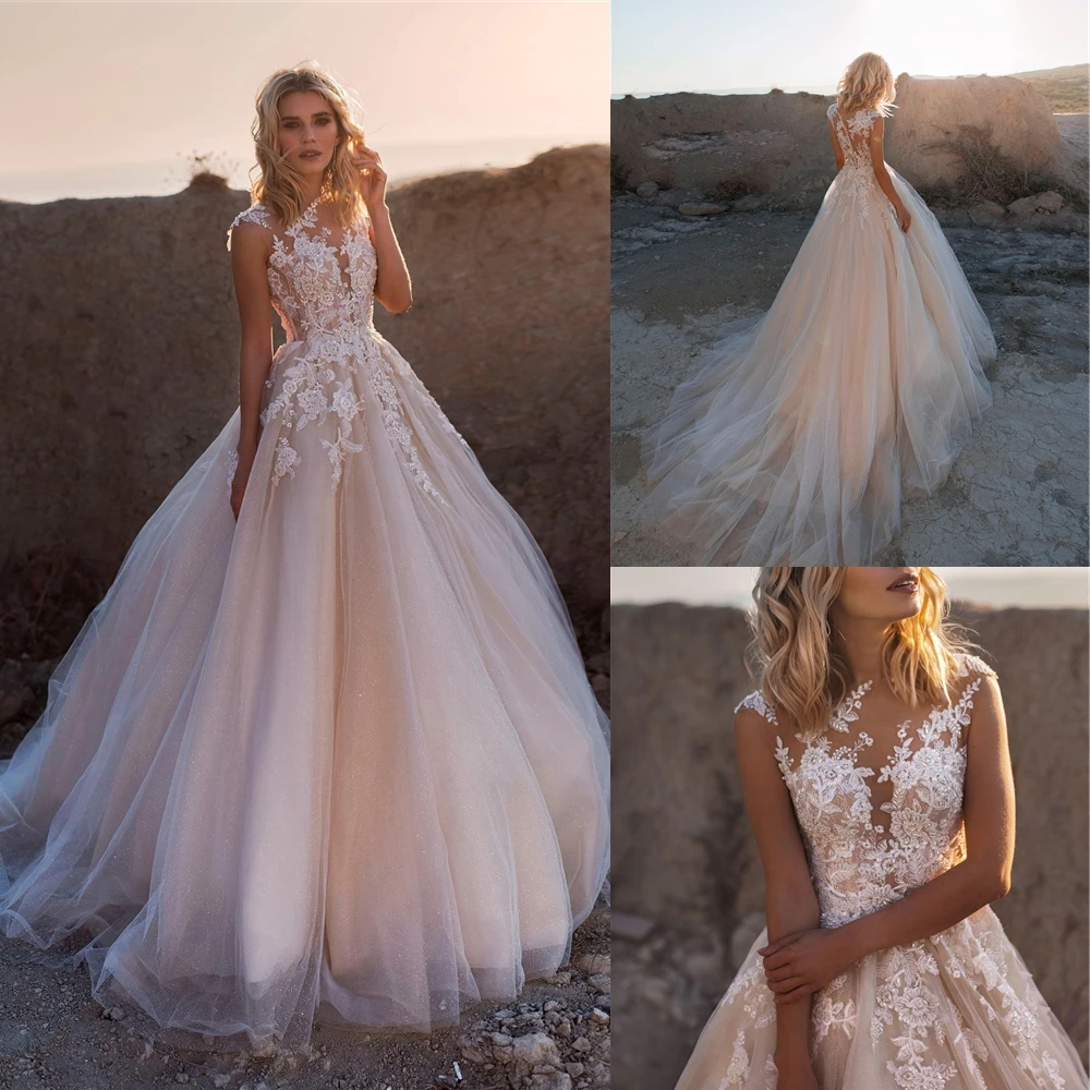 

A Line Jewel White Sexy 3D Floral Illusion Sleeveless Princess Wedding Dress Applique Tulle Button Applique Bridal Gown
