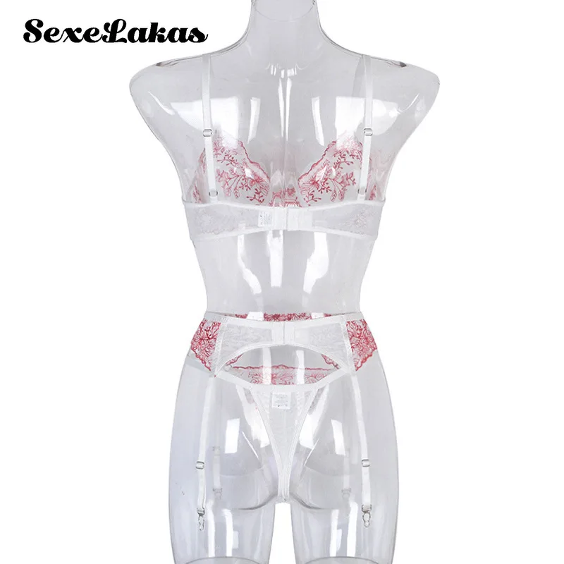 

Women's Underwear Set Sexy Floral Lace Ruffles Lingerie 3 Piece Transparent Bra and Panty Push Up Cup Embroidery Lingerie Exotic