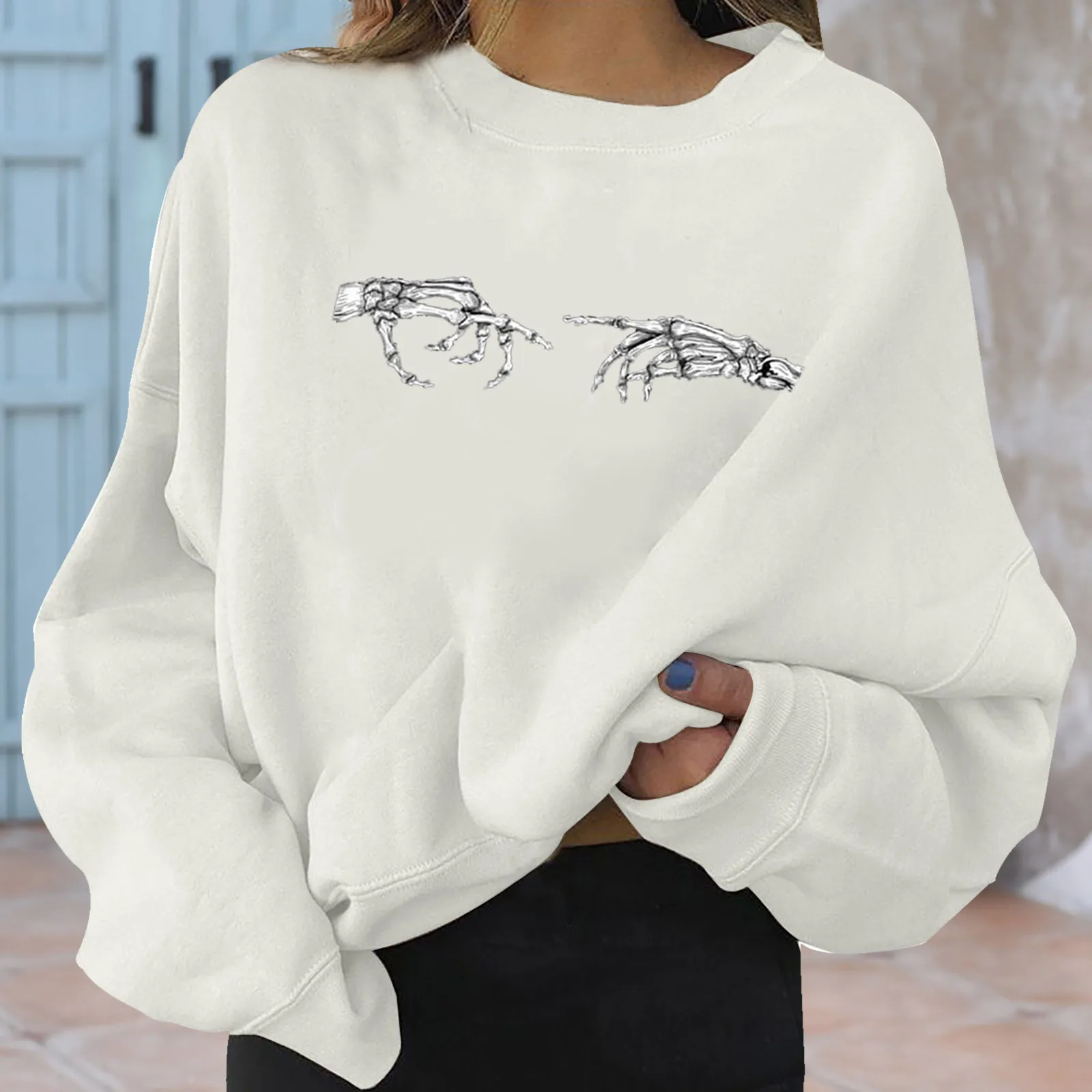 

Женский винтажный свитшот с длинным рукавом, Свободный Тонкий пуловер оверсайз в стиле Харадзюку с принтом руки Адама и круглым вырезом, ве...