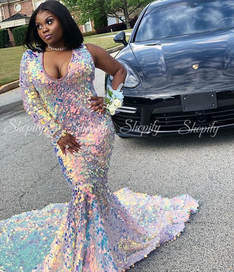 

Sparkly Long Elegant Women Prom Dresses 2020 V-neck Sleeveless Sequin Mermaid African Black Girl Party Prom Gala Gowns