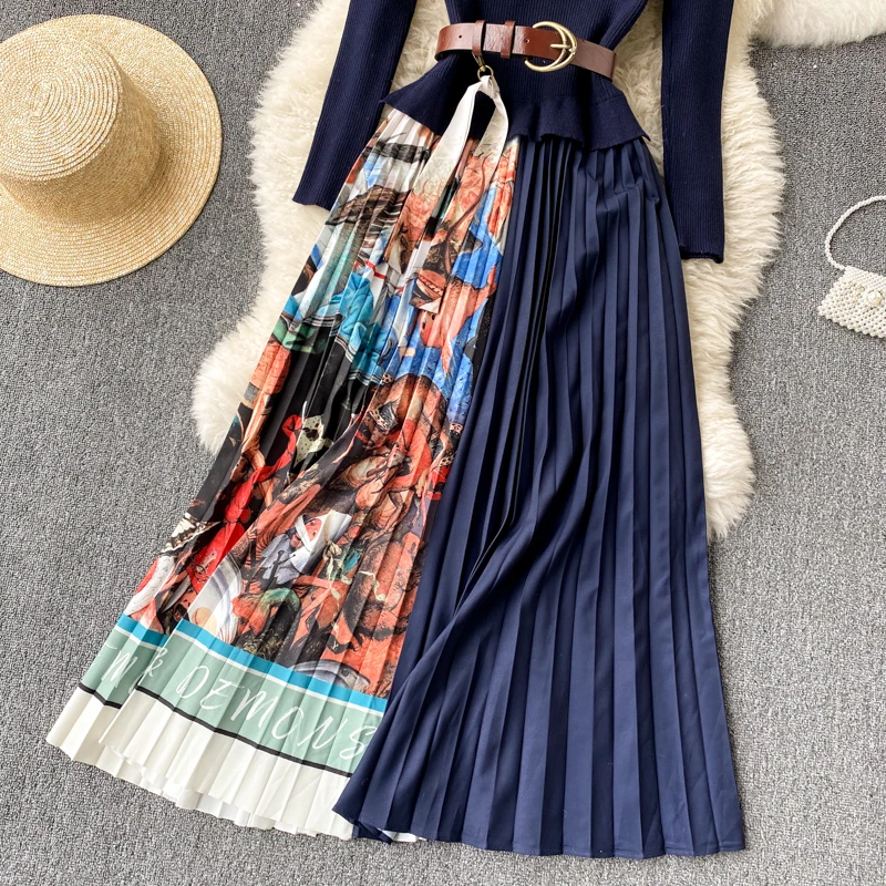 

Chic Splice Knitted Pleated Dress Women Korean Long Sleeve O Neck A-line Dresses Autumn Fashion Streetwear Midi Dress